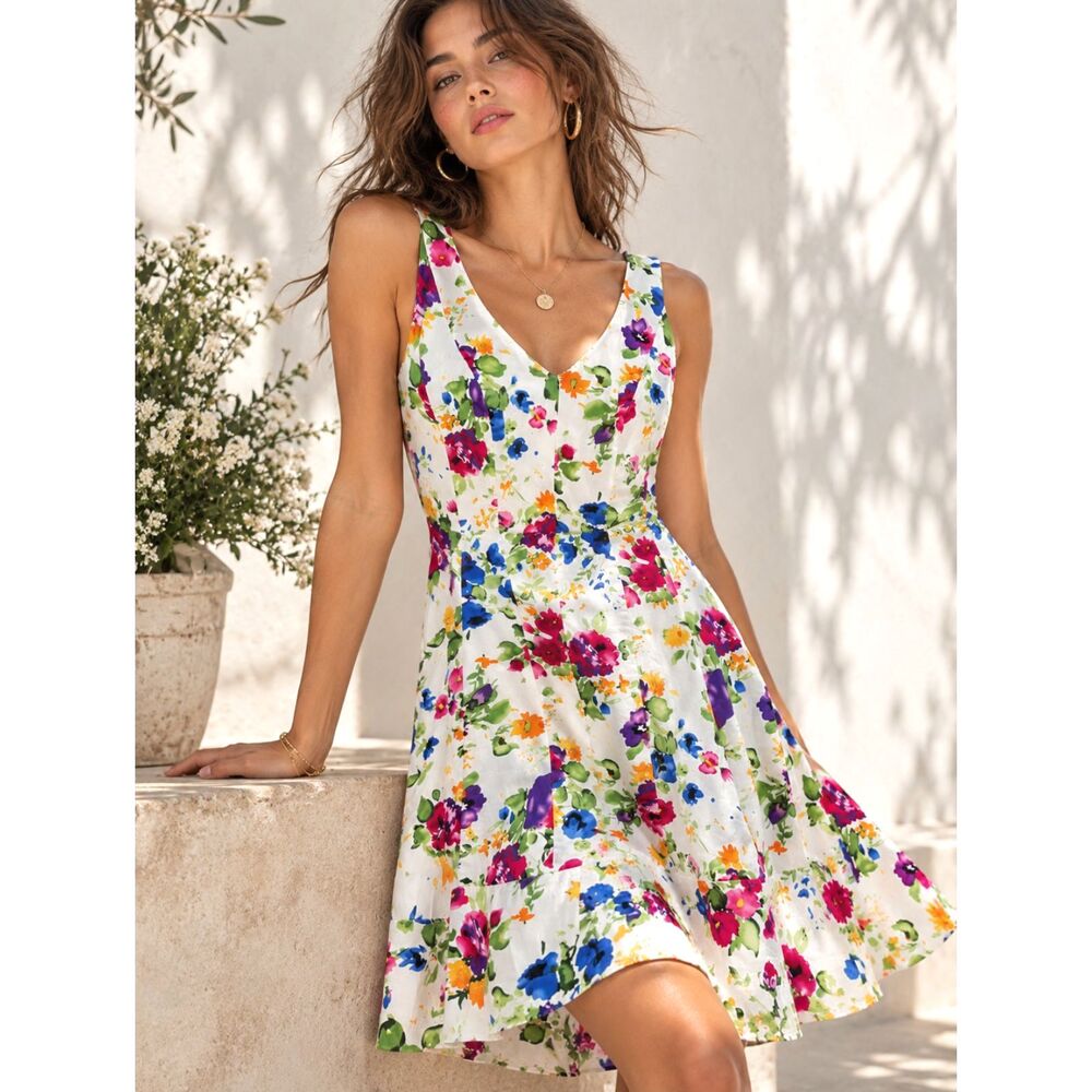 Vintage Lauren Ralph Lauren Floral Fit & Flare Dress Size 8 Colorful 90s Y2K